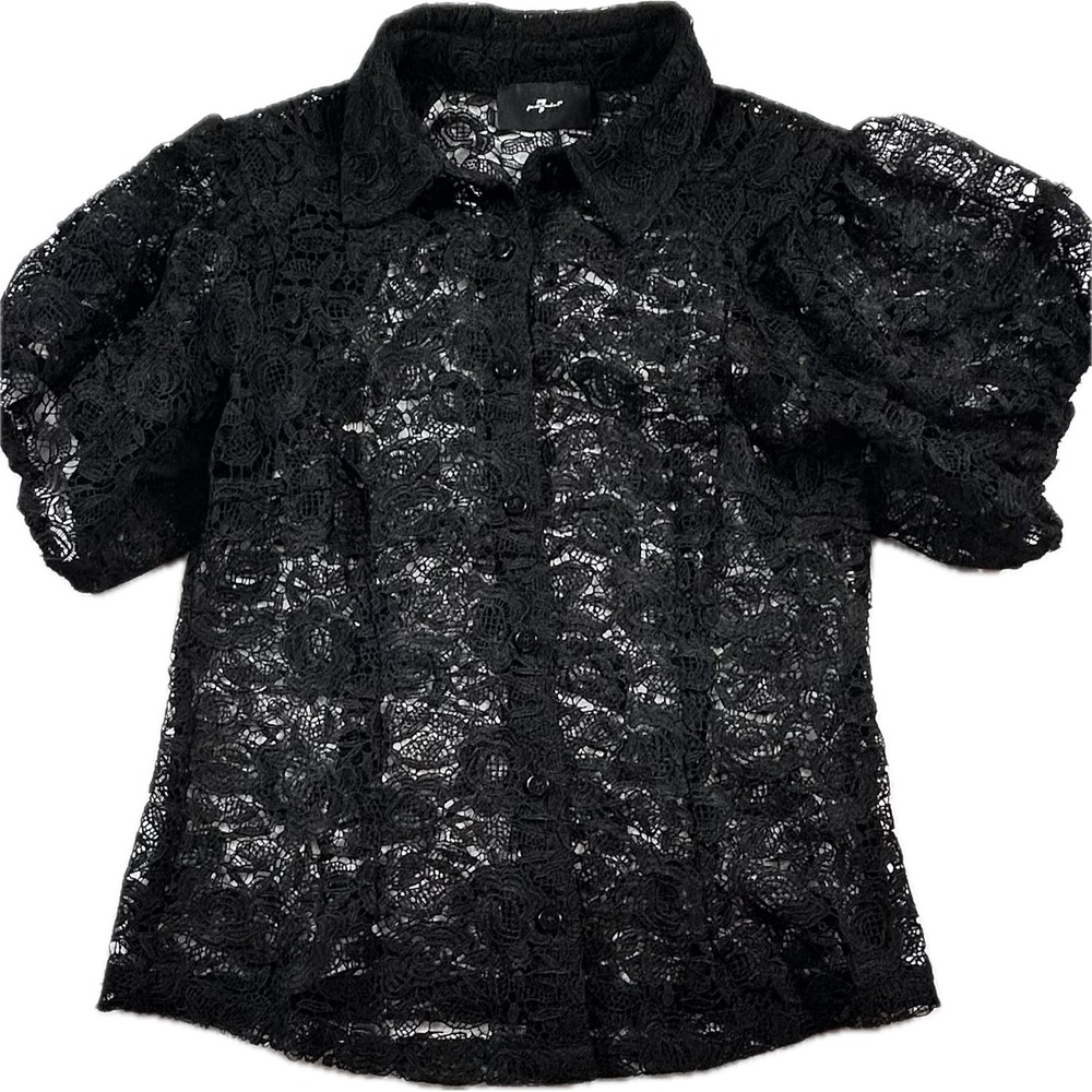 7 For All Mankind Womens Black Floral Lace Puff Sleeve Button Up Blouse Small
